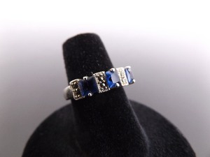 .925 Sterling Silver Art Nouveau Square Cut Sapphire Ring Size 6
