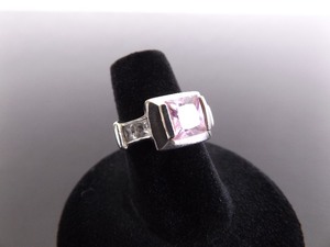 .925 Sterling Silver Square Cut Pink Sapphire Crystal Ring Size 6