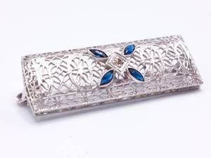 lot 26 image: Antique Art Deco Sapphire and Diamond Filigree Estate Pin in 14k White Gold - $2100