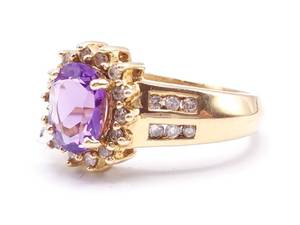 lot 34 image: Stunning Amethyst and Diamond Estate Ring in 14k Yellow Gold - $1875
