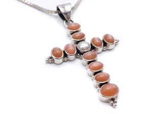 lot 44 image: Pearl and Gemstone Cross Necklace in Sterling Silver