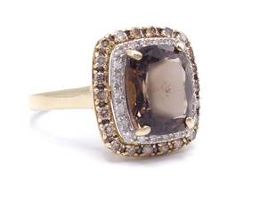 lot 42D image: Chocolate & White Diamond and Smoky Quartz Estate Ring in 14k Yellow Gold - $2200