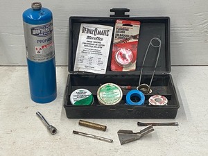 lot 49 image: Tool Case With Propane Cylinder & Assorted Soldering Supplies