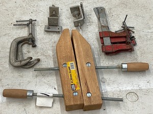 lot 71 image: Lot Of (1) Wooden C-Clamp -- Set Of Topper Clamps -- Assorted Light Duty Bar Clamps