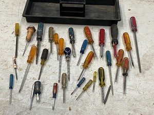 lot 93 image: Tote Full Of Assorted Screw Drivers & Etc Tools --- See All Pictures