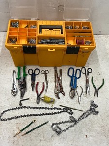 lot 97 image: Plastic Tool Box Full Of Assorted Snips -- Shears -- Pliers -- Etc (See All Pictures)