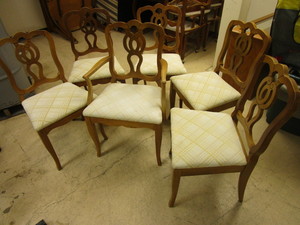 lot 105 image: DECORATIVE DINING CHAIRS, SOLID WOOD WITH UPHOLSTERED SEATS