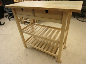 lot 127 image: SOLID WOOD SIDE TABLE CART, WITH TWO DRAWERS AND LOWER SHELVES