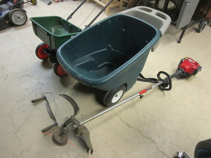 lot 138 image: TROY-BILT 4-CYCLE WEED TRIMMER,  SCOTTS GRASS SEED SPREADER, LAWN CART, HAND SCYTHE, BLADE