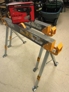 lot 140 image: TOUGH-BUILT SAWHORSESJOB SITE TABLE, CRAFTSMAN 38 REVERSIBLE DRILL