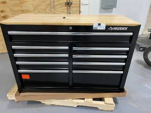 lot 70 image: Husky 46 in. W x 18.1 in. D 9-Drawer Tool Chest Mobile Workbench with Solid Wood Top