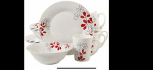 lot 73 image: GIBSON HOME Scarlet Leaves 12-Piece White w red decorated Dinnerware Set