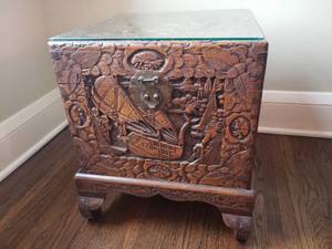 lot 10 image: Heavily Carved Wood Oriental Box Side Table