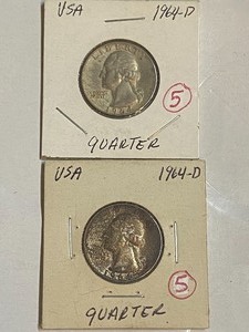 lot 5 image: (2) 1964-D silver quarters...