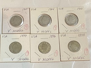 lot 9 image: (6) Liberty V nickels 1884,1896, 1...