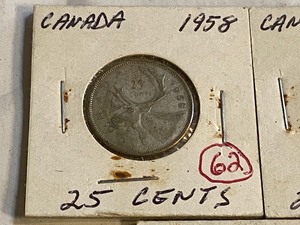 lot 62 image: (3) Canadian silver quarters 1956,...
