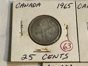 lot 63 image: (3) Canadian silver quarters 1962,...