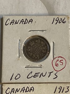 lot 65 image: (2) Canadian silver dimes 1906, 19...