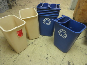 RUBBERMAID 10-GALLON RECYCLE BINS AND SADDLE BASKETS, STAPLES WASTE BINS