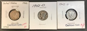 lot 10 image: Three Mercury Dimes - 1942, 1942-D, & 1942-S