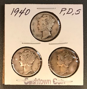 lot 8 image: Three Mercury Dimes - 1940, 1940-D, & 1940-S