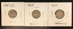 lot 1 image: Three Mercury Dimes - 1920-D, 1923, & 1925