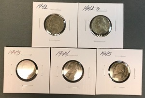 lot 2 image: Five Different Silver War Nickels - 1942, 1942-S, 1943, 1944, &1945