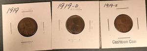 lot 19 image: Three Different Lincoln Wheat Cents - 1919, 1919-D, & 1919-S