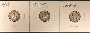 lot 11 image: Three Mercury Dimes - 1945, 1945-D, & 1945-S