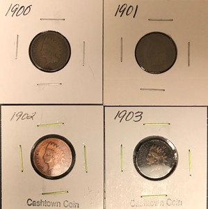 lot 15 image: Four Different Indian Head Cents - 1900, 1901, 1902, & 1903