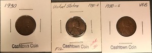 lot 23 image: Three Different Lincoln Wheat Cents - 1930, 1930-D, & 1930-S