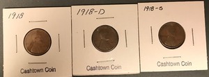 lot 18 image: Three Different Lincoln Wheat Cents - 1918, 1918-D, & 1918-S