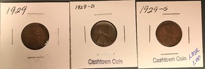 lot 22 image: Three Different Lincoln Wheat Cents - 1929, 1929-D, & 1929-S
