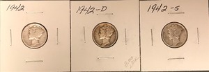 lot 14 image: Three Mercury Dimes - 1942, 1942-D, & 1942-S