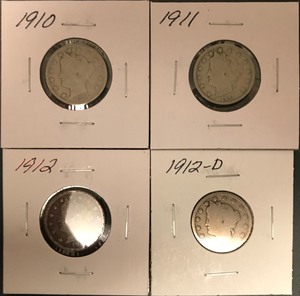 lot 26 image: Four Different Liberty Nickels - 1910, 1911, 1912, & 1912-D