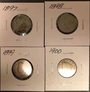 lot 28 image: Four Different Liberty Nickels - 1897, 1898, 1899, & 1900