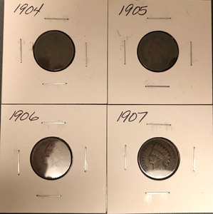 lot 16 image: Four Different Indian Head Cents - 1904, 1905, 1906, & 1907