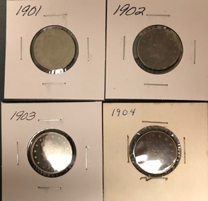 lot 29 image: Four Different Liberty Nickels - 1901, 1902, 1903, & 1904