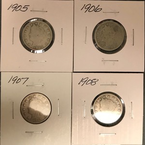 lot 27 image: Four Different Liberty Nickels - 1905, 1906, 1907, & 1908