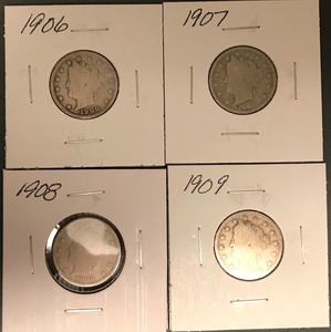 lot 25 image: Four Different Liberty Nickels - 1906, 1907, 1908, & 1909