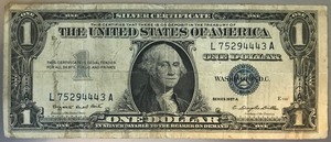 lot 42 image: 1957 A $1 Silver Certificate - L 5294443 A