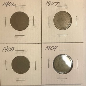 Four Different Liberty Nickels - 1906, 1907, 1908, & 1909