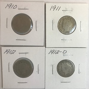 Four Different Liberty Nickels - 1910, 1911, 1912, & 1912-D