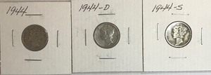 Three Mercury Dimes - 1944, 1944-D, & 1944-S