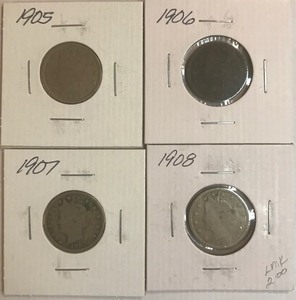 Four Different Liberty Nickels - 1905, 1906, 1907, & 1908
