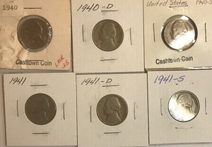 Six Different Jefferson Nickels - 1940 P,D,&S 1941 P,D,&S