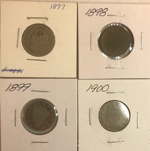 Four Different Liberty Nickels - 1897, 1898, 1899, & 1900
