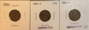 Three Different Lincoln Wheat Cents - 1930, 1930-D, & 1930-S