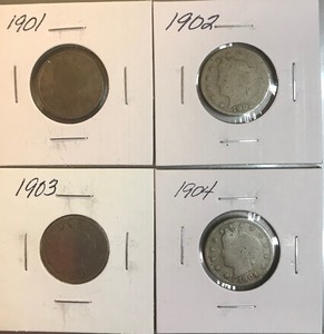 Four Different Liberty Nickels - 1901, 1902, 1903, & 1904