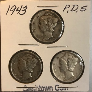 Three Mercury Dimes - 1943, 1943-D, & 1943-S